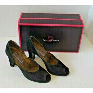 Phyllis Poland Jodi Open Toe Pumps Black Suede Italian Shoes w/Box Size 6B
